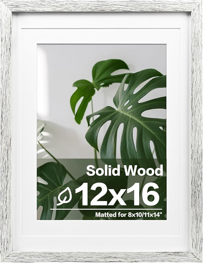 Egofine 12x16 Picture Frames Made of Solid Wood with Plexiglass, Display Pictures 9x12/11x14 with Mat or 12x16 Without Mat for Wall Mounting, Driftwood White