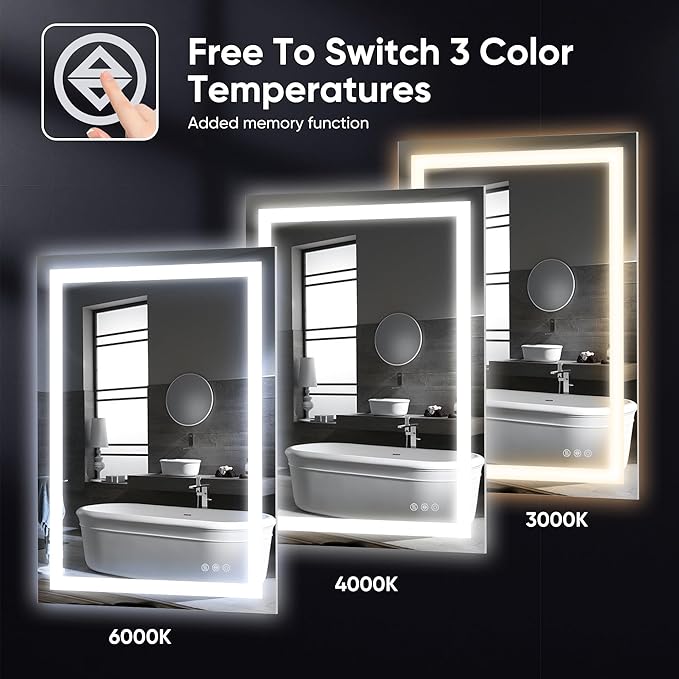 Antok 24"x 36" LED Bathroom Mirror with Lights, Anti-Fog, Dimmable, Lighted Vanity Mirror with Tempered Glass, Memory Function, 3 Light Modes, Safe Use, Horizontal, Vertical