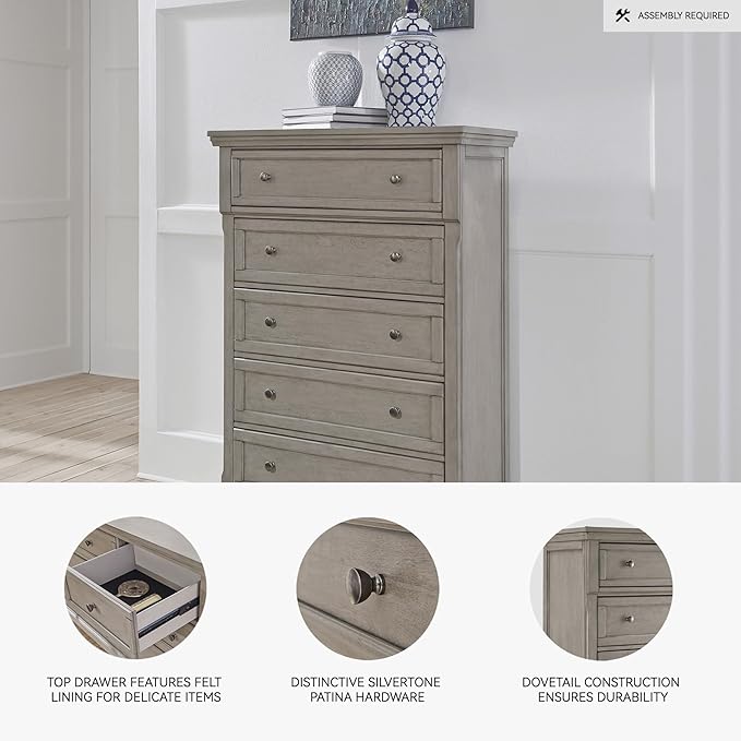 Signature Design by Ashley Lettner Traditional 5 Drawer Chest with Dovetail Construction, Light Gray