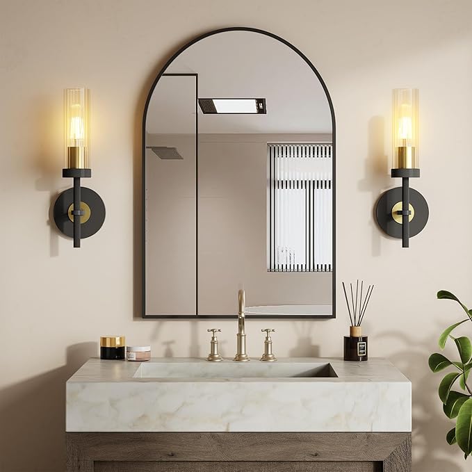 Wall Sconces Set of 2 (with 2 Bulbs), Modern Bathroom Wall Sconces Lighting with Thickened Glass, Hardwired Wall Mount Light Fixtures for Bathroom, Bedroom, Hallway, Living Room(Black & Gold)