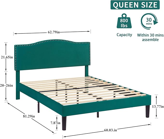 VECELO Queen Bed Frame Platform Bed with Upholstered Headboard, Strong Frame and Heavy-Duty Slats Support, Non-Slip and Noise-Free, Easy Assembly,Dark Green