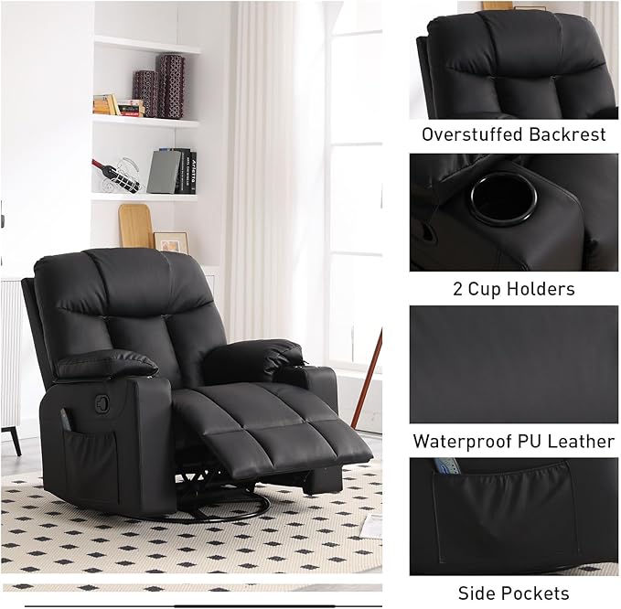 Bonzy Home Oversized Swivel Rocker Recliner, 40" Rocking Recliner Chair with Heated and Massage, PU Leather Single Sofa with Swivel Function, 2 Cup Holders for Living Room Bedroom, Black