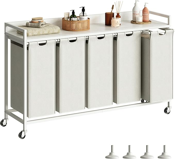 Laundry Hamper with Shelf, Laundry Basket 5 Section, Laundry Sorter with Pull-Out Removable Large Bags and Movable Wheels, Metal Frame, 5 x 15.87 Gallons (60L), White PF08XLW