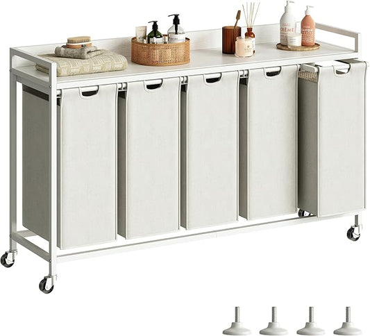 Laundry Hamper with Shelf, Laundry Basket 5 Section, Laundry Sorter with Pull-Out Removable Large Bags and Movable Wheels, Metal Frame, 5 x 15.87 Gallons (60L), White PF08XLW