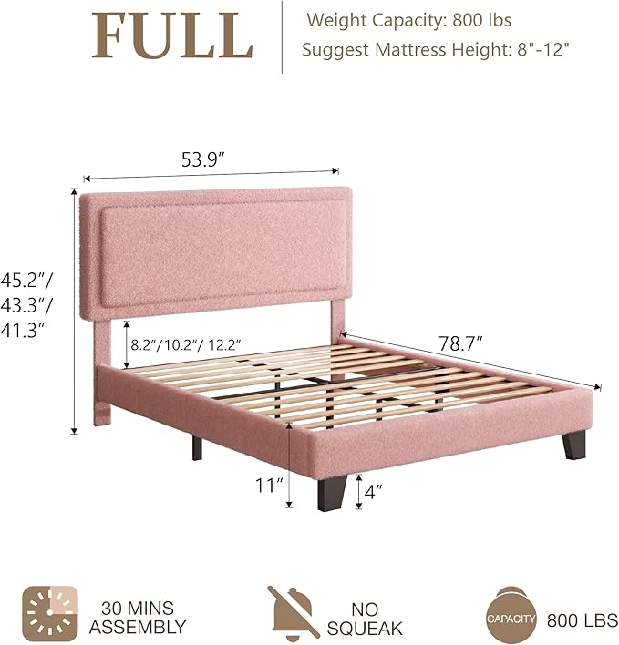 Full Size Boucle Bed Frame, Upholstered Platform Cloud Bed Frame with Headboard, Soft Teddy Fabric, Modern Style, No Box Spring Required, Easy Assembly, Pink