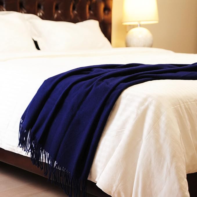 CUDDLE DREAMS Premium Cashmere Throw Blanket with Fringe, Luxuriously Soft (Navy)