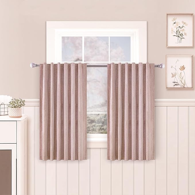 Blush Pink Linen 100% Blackout Curtains 45 Inches Long 2 Panels Set for Nursery Room Back Tab Thermal Insulated Black Out Linen Drapes Room Darkening Short Window Curtains 45 Inch Length