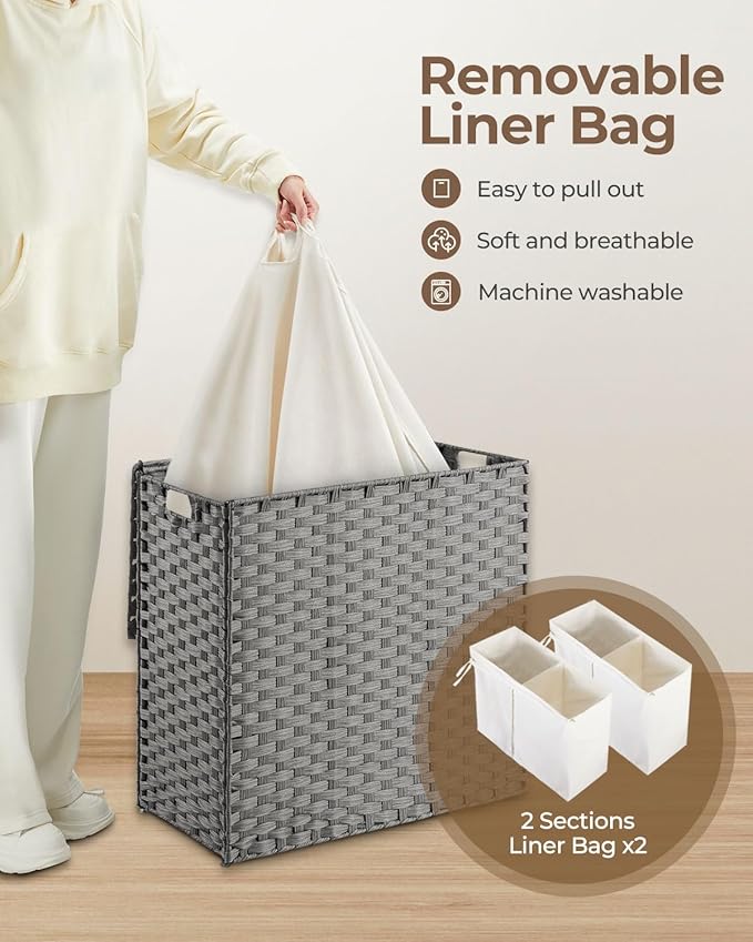 Greenstell Laundry Hamper with lid, No Install Needed, 130L Wicker Laundry Baskets Foldable 2 Removable Liner Bags, 2 Section Clothes Hamper Handwoven Rattan Laundry Basket with Handles, Gray