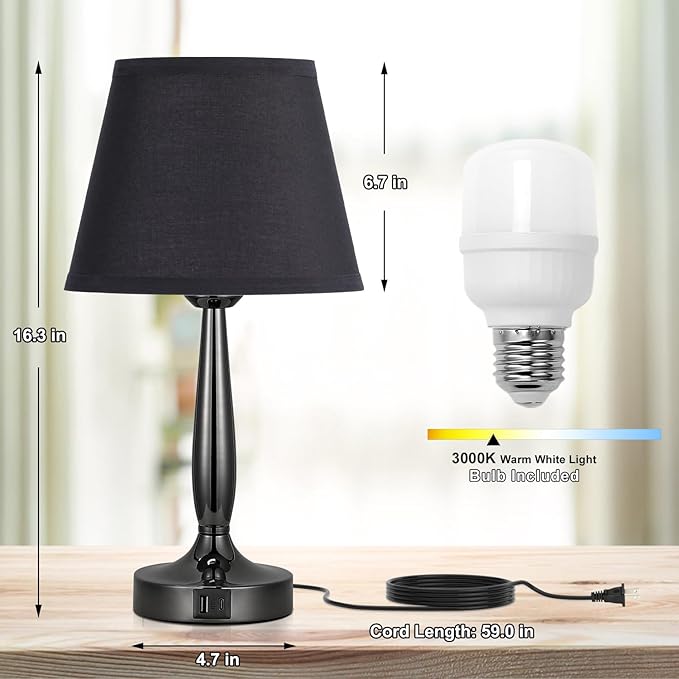 Kakanuo Touch Bedside Lamp for Bedroom with USB C Port, Small Touch Table Lamp with 2 USB Charging Ports, 3 Way Dimmable Nightstand Lamp for Living Room and Office - Black (LED Bulb Included)