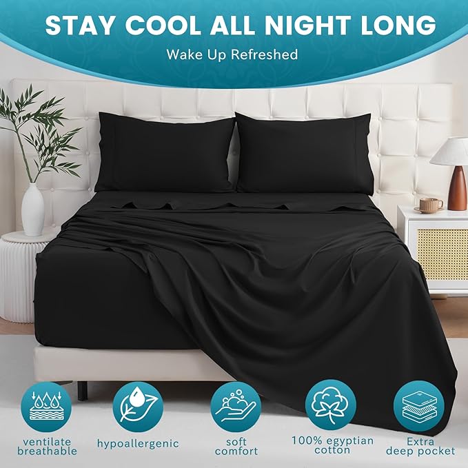 Bedlifes California King Sheet Set, Extra Deep Pocket 18-24 Inches, 1000Thread Count 100% Egyptian Cotton, Soft and Breathable 4-Piece,Black