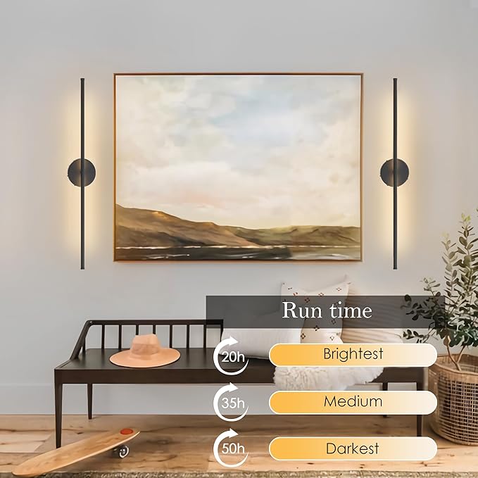 Battery Operated Wall Sconces, Dimmable Wall Sconces Set of Two, 350°Rotate, 3000K LED Black Wireless Wall Light for Living Room, Bedroom,Hallway, 40.1 Inch (2 Pack)