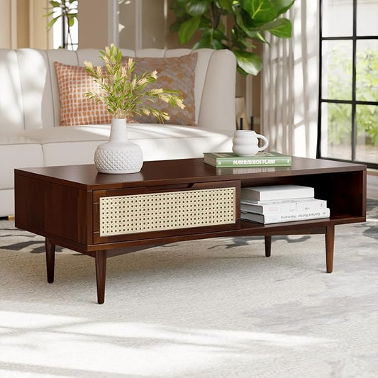 Bme Oliver Coffee Table, Mid Century Modern Coffee Table, Side Table with Storage, 2 Drawers & Open Compartments, Solid Wood Legs with Adjustable Levelers, Rattan Accent for Living Room, Walnut