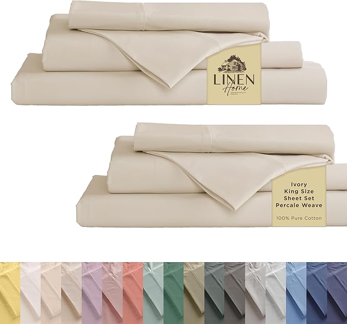Linen Home 100% Cotton Percale Sheet Set Pack of 2, King Size, Ivory, Deep Pocket, 8 Pieces Set - 2 Flat, 2 Deep Pocket Fitted Sheet and 4 Pillowcases, Crisp Cool and Strong Bed Linen