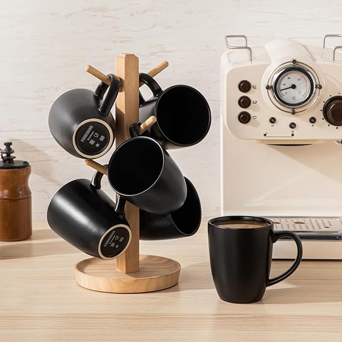 vancasso PLAYA Ceramic Coffee Mug Set of 6, 12 Oz Tea Cups with Handle for Latte, Tea, Cappuccino, Milk, Cocoa, Microwave&Dishwasher Safe, Black