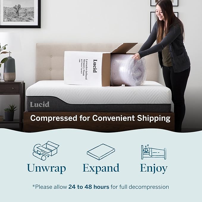 Lucid 3 Inch Lavender Infused Memory Foam Mattress Topper - Ventilated Design – Pressure Relieving Bed Topper - Mattress Pad – CertiPur Certified - California King Size