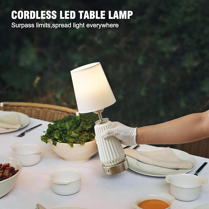 Cordless Table Lamp-Battery Powered Lamp 4000mAh Rechargeable, Stepless Dimmable, Farmhouse Ceramic Touch Bedside Lamp,Portable LED Night Light for Bedroom, Living Room, Office, Bulbs Included(Silver)