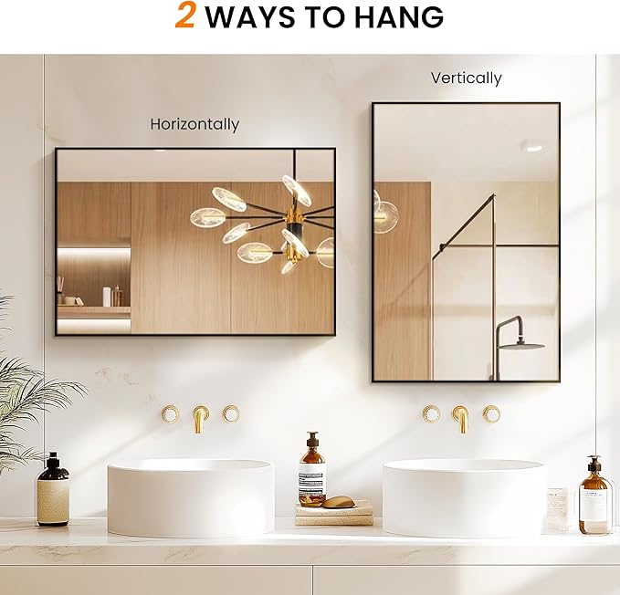 Bathroom Vanity Mirror for Wall, 20" x 30" Metal Framed Rectangular Bathroom Wall Mirror for Over Sink, HD Shatterproof Glass, Hangs Horizontally or Vertically(Black)