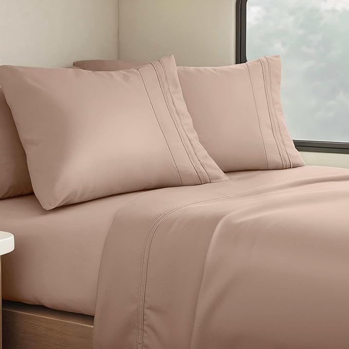 Clara Clark Bed Sheets, Premier 1800 Series 4 Piece RV Queen Sheet Set, Luxury Soft Sheets for RV Bunks, Short Queen - Taupe Sand