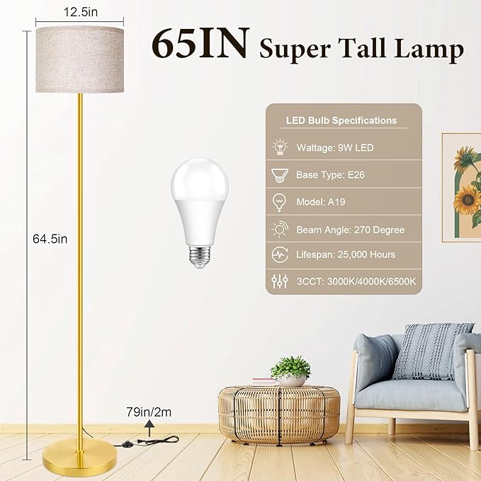 65‘’ Gold Floor Lamp with 3-Color Temperatures LED Bulb, Modern Industrial Tall light for Living Room, Minimalist Standing Lamp with Foot Switch, Gold Stand Lamp for Bedroom Office Nursery, E26 Base