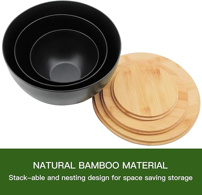 Salad Bowl Set of 3 with Bamboo Wooden Lids, Mixing Bowls Set, Nesting Bowls for Space Saving Storage, Made with Durable Eco-Friendly Bamboo Fiber, Great for Prepping and Serving Food, Black