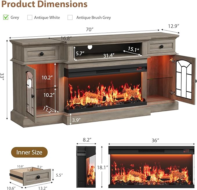 QUW 70" Farmhouse Fireplace TV Stand for TVs up to 80", Entertainment Center with 36" 3-Side Glass Electric Fireplace with Open Shelf and Cabinet, TV Console for Living Room, Grey