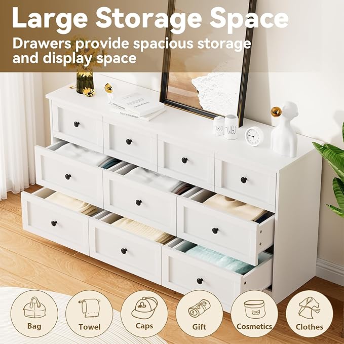59.1" Wide Dressers & Chests of Drawers with Large Capacity Storage, Large Wooden Storage Organizer 10 Drawer Dresser for Bedroom（White）