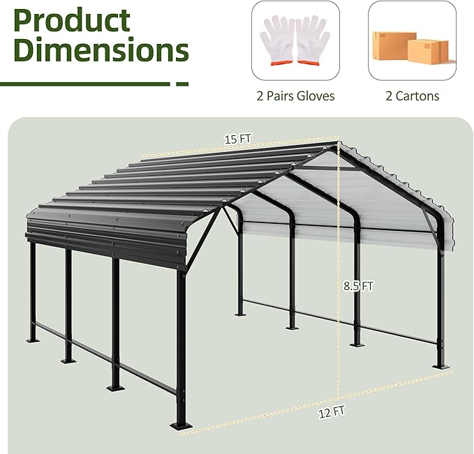 Shintenchi 12x15 FT Metal Carport, Oversized Carport Garage with Enhanced Base, Outdoor Galvanized Car Shelter, Heavy Duty Carports Canopy, for Car, Boats and Tractors