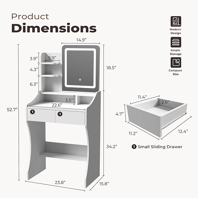Small Vanity Desk, Makeup Vanity with Mirror and Lights, Vanity Desk with Drawer & 3 Storage Shelves, White Makeup Vanity Desk with Lights for Bedroom