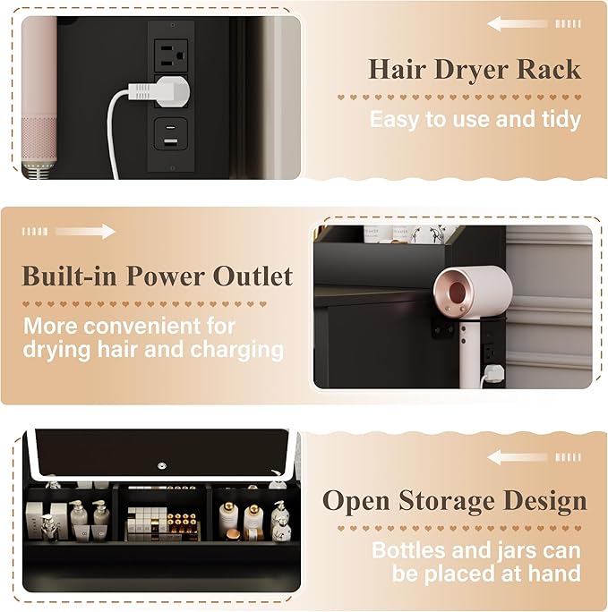 JUMMICO Makeup Vanity Desk with Mirror and Lights, L- Shaped Vanity, Modern Vanity Table with 5 Drawers & Adjustable Shelves, Power Outlet with Fast Charging, for Bedroom (Black)