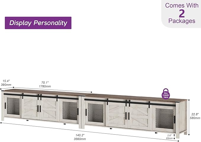 WAMPAT Farmhouse TV Stands for 100+ Inch TV, Wooden Entertainment Center with Mesh Barn Doors, Media Console with Storage Shelf for Living Room Bedroom, Rustic Oak and White