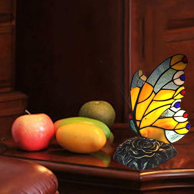 Bedside Table Lamp LED Tiffany Table Lamps Yellow Butterfly Stained Glass Shade ON Off Switch Night Light Side Table lamp for Living Room Bedroom Farmhouse Mothers Day Gifts