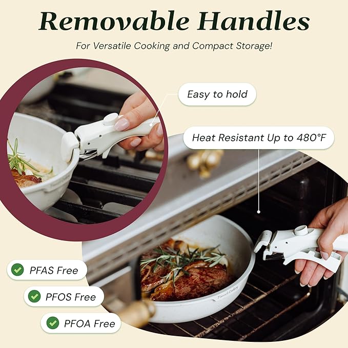 15-Piece White Granite Nonstick Cookware Set – Detachable Handles & Tempered Glass Lids – Stackable & Cool-Touch - Induction & Oven Safe to 480°F - Scratch-Resistant, PFOA & PFOS-Free