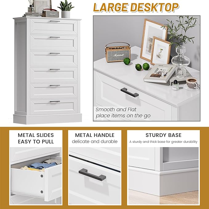 White 6 Drawer Dresser, 55 Inch Tall White Dresser for Bedroom, Modern Farmhouse Style Chest of Drawers for Bedroom Living Room, Wood Rustic Tall Clothing Organizer for Closet, Living Room, Hallway