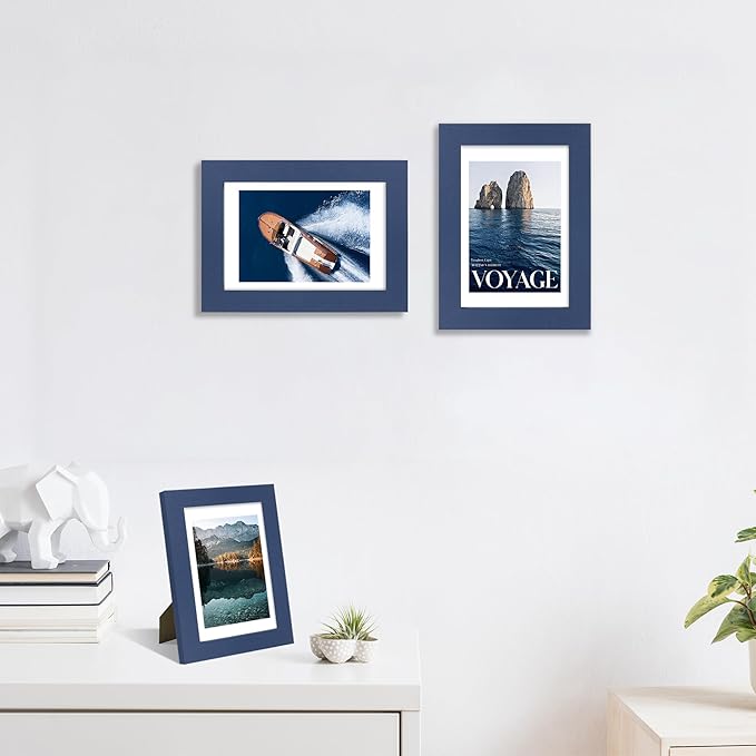 4x6 Picture Frame Set of 4, High Definition Real Glass, Display Pictures 3.5x5 with Mat or 4x6 Without Mat, Gallery Wall Hanging or Tabletop Photo Frames, Blue
