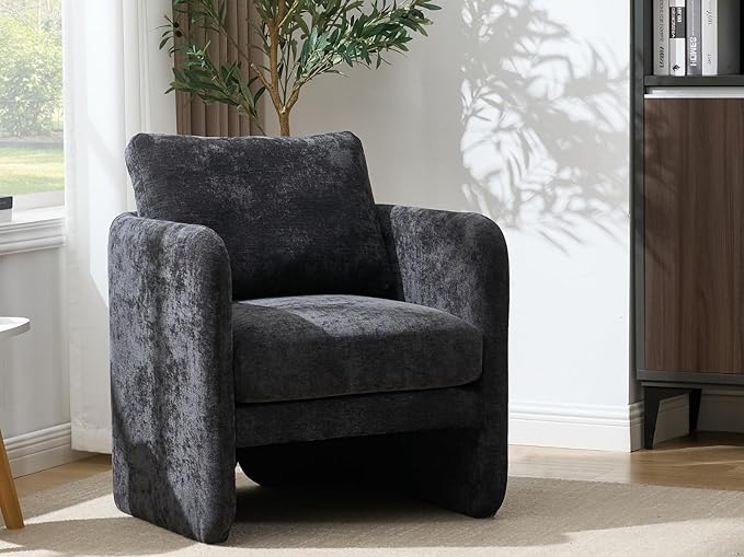Modern Barrel Accent Chairs Set of 2, Beige Chenille Fabric Armchair for Living Room, Comfy Upholstered Reading Accent Chairs Single Sofa Chair for Bedroom Waiting Room Office, Black