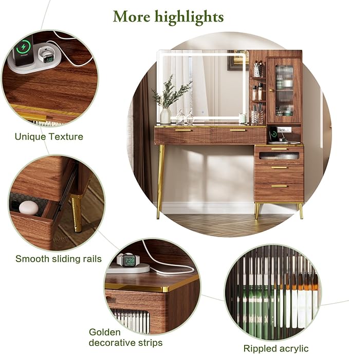 47.24" Big Modern Vanity Desk with Mirror and Lights,Makeup Vanity Desk with 5 Drawers and Storage Shelves & Power Outlet,Dressing Table with Glass Top, Brown