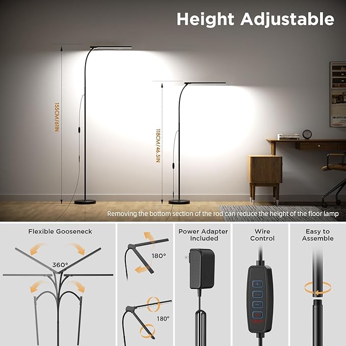 24W Ultra-Bright LED Floor Lamp for Living Room, 2400LM Double Head Craft Light with Adjustable Panels Gooseneck Lamp, Tall Standing Lamp for Office/Reading/Bedroom/Piano/Tattoo/Sewing/Puzzle/Lash