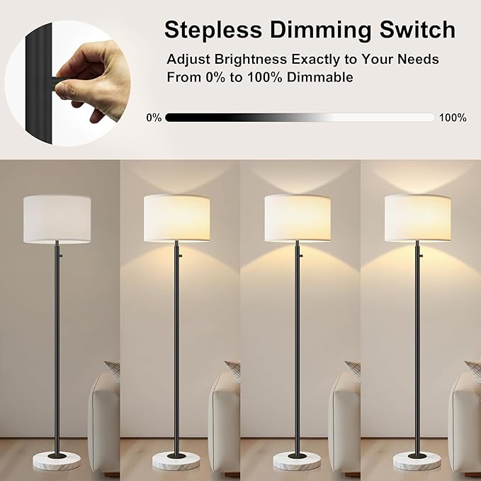 Floor Lamp for Living Room,Dimmable Floor Lamp, Modern Standing Lamp with Marble Base,Tall Standing Lamp for Bedroom, Reading, Office & Kids' Room,LED Bulb Included(Black)
