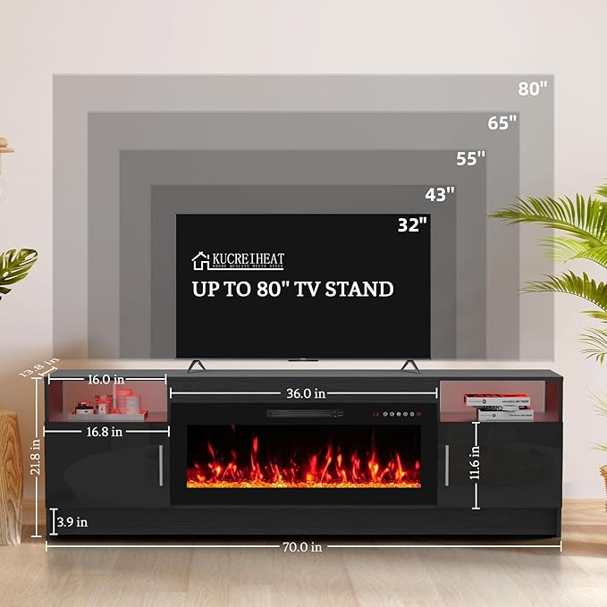 70'' TV Stand with Fireplace-Black Entertainment Center for 75+ inch TV- TV Cabinet with LED Light, Storage, High Glossy Door, Modern TV Console for Living Room