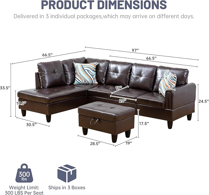 L-Shape 3-Piece Cloud Sofa, Couch for Living Room, Brown Faux Leather L-Shape with Reversible Chaise & Storage Ottoman, Ergonomic 110–115° Recline, Solid-Wood Frame