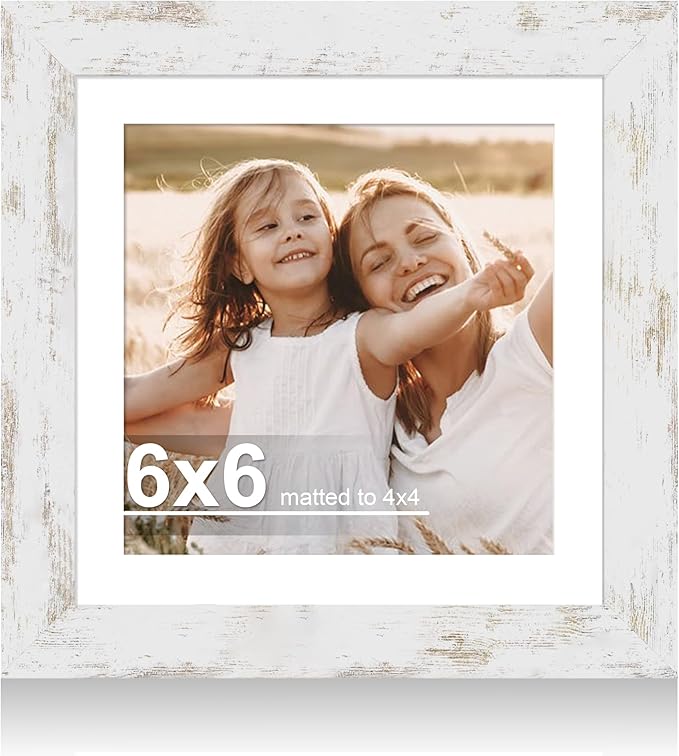 6x6 Picture Frame with Glass, Display Pictures 4x4 with Mat or 6 x 6 without Mat - Wall and Tabletop, 6 by 6 Photo Wooden Frames (Distressed White, 1 Pack)