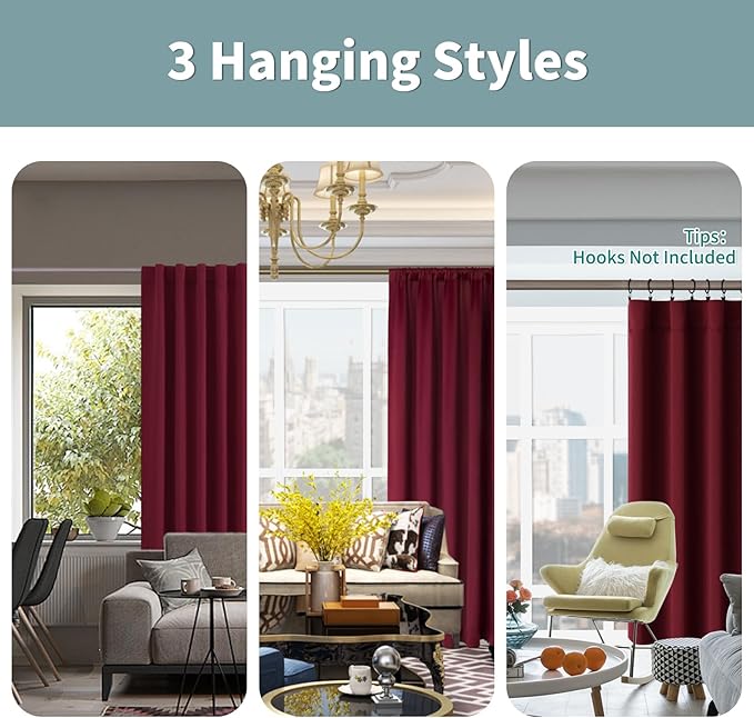 BGment Full Blackout Curtains with Thermal Insulation Liner Curtains 108 Inches Long, Rod Pocket and Back Tab Double Layer Room Darkening Window Curtain for Bedroom(52 x 108 Inch, 2 Panels, Burgundy)