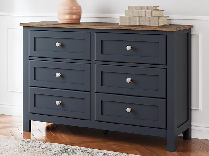 Signature Design by Ashley Landocken Shaker 6-Drawer Dresser with Metal Knobs, Light Brown & Blue