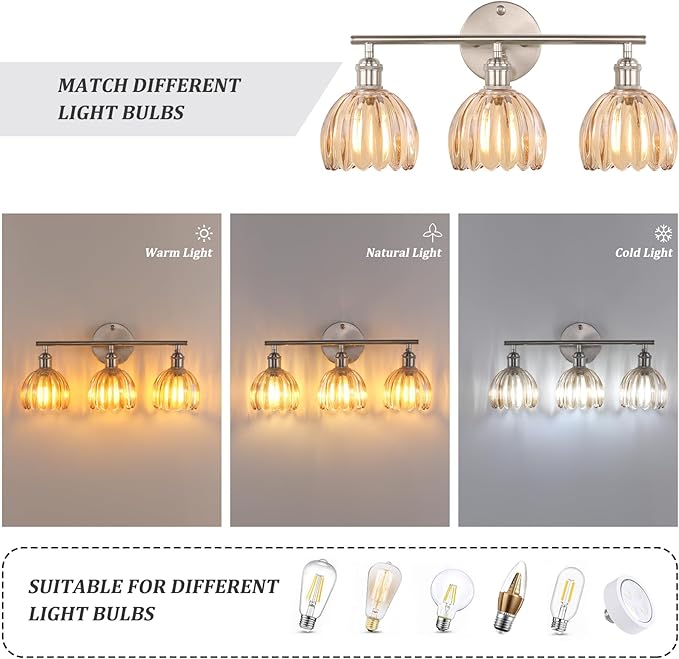 Bathroom Light Fixtures, 3-Light Vanity Wall Light Over Mirror with Amber Tulip Glass Shade for Bedroom Living Room, Satin Nickel