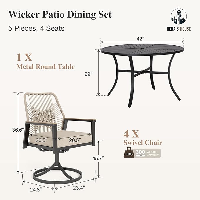 HERA'S HOUSE 5 Pieces Patio Table and Chairs Set of 4, 4 x Swivel Chairs with 3.1" Cushions and 42" Round Dining Table with Umbrella Hole, Outdoor Dining Set for Lawn Garden Backyard Porch