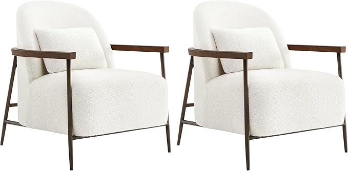 CHITA Accent Chair for Living Room Set of 2, FSC Certified Modern Upholstered Faux Sherpa Fabric Armchair with Metal Frame and Wooden Armrests, White