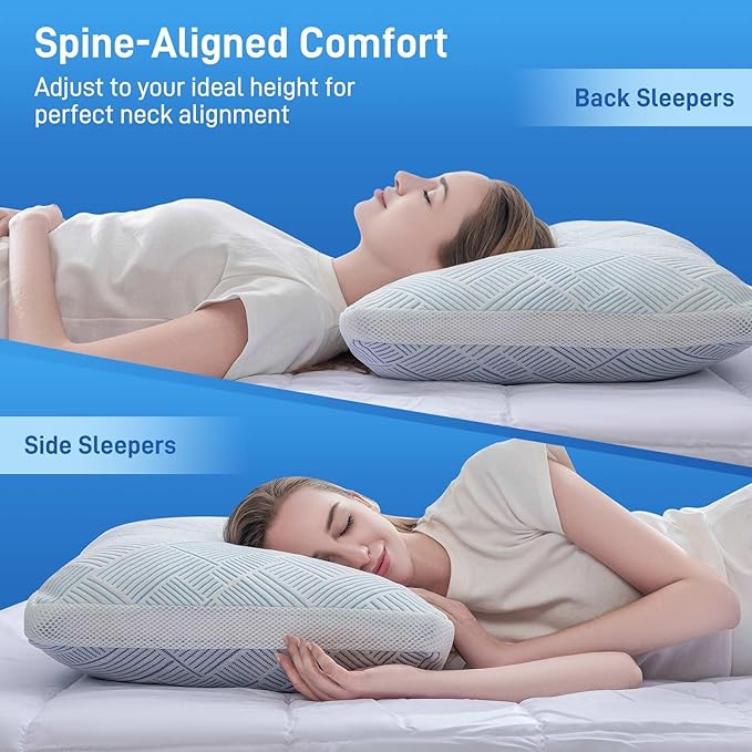 Sylvaris Shredded Memory Foam Cooling Soft Bamboo Viscose Pillows Queen Size Set of 2, Adjustable Hypoallergenic Hotel Quality Pillows for Back, Stomach and Side Sleeper, Oeko-TEX Certified