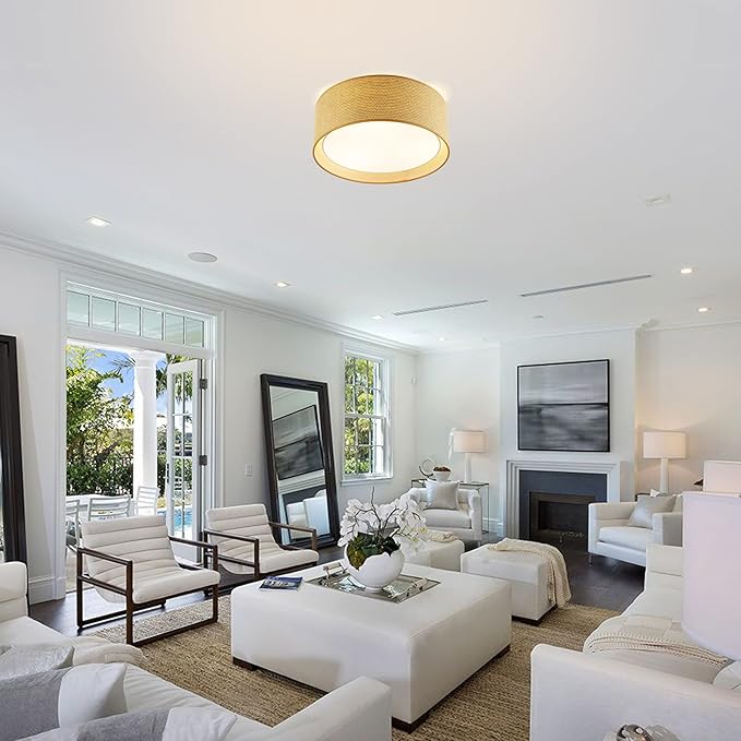 WINGBO 15.7" Modern 3-Light Flush Mount Ceiling Light Fixture with Fabric & Acrylic Double Drum Shade for Bedroom Living Room Dining Room Hallway Entryway, Flaxen