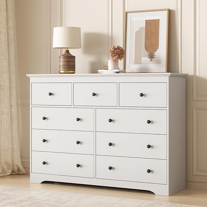 LYNSOM Modern 9 Drawer Dresser, 55.1" Wide Dressers & Chests of Drawers with Large Capacity Storage, Mid Century White Dresser for Bedroom, Hallway, White