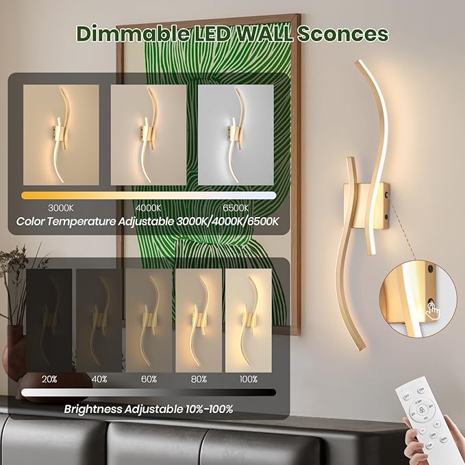 Battery Operated Wall Sconces with Remote Control, Rechargeable Dimmable Touch Wall Sconces Set of Two, 3000K-6500K LED Wireless Wall Light for Living Room Bedroom Hallway,31.5inch(Gold)